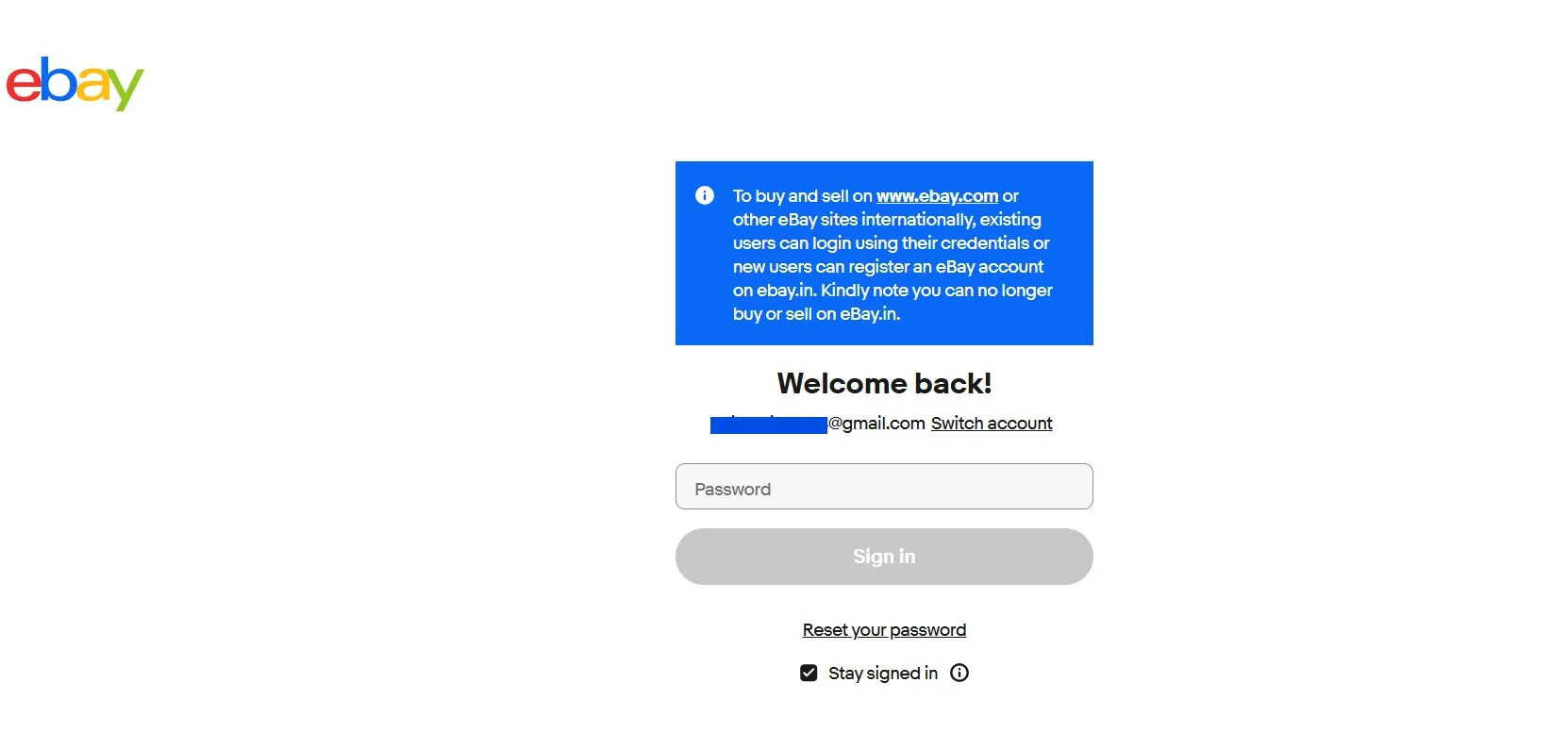 image showing can't log into eBay