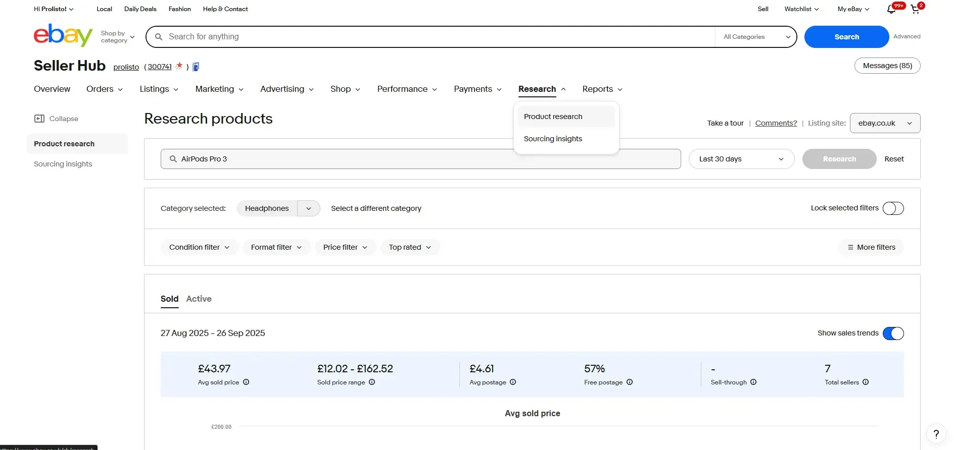 Screenshot of product research tool for eBay SEO