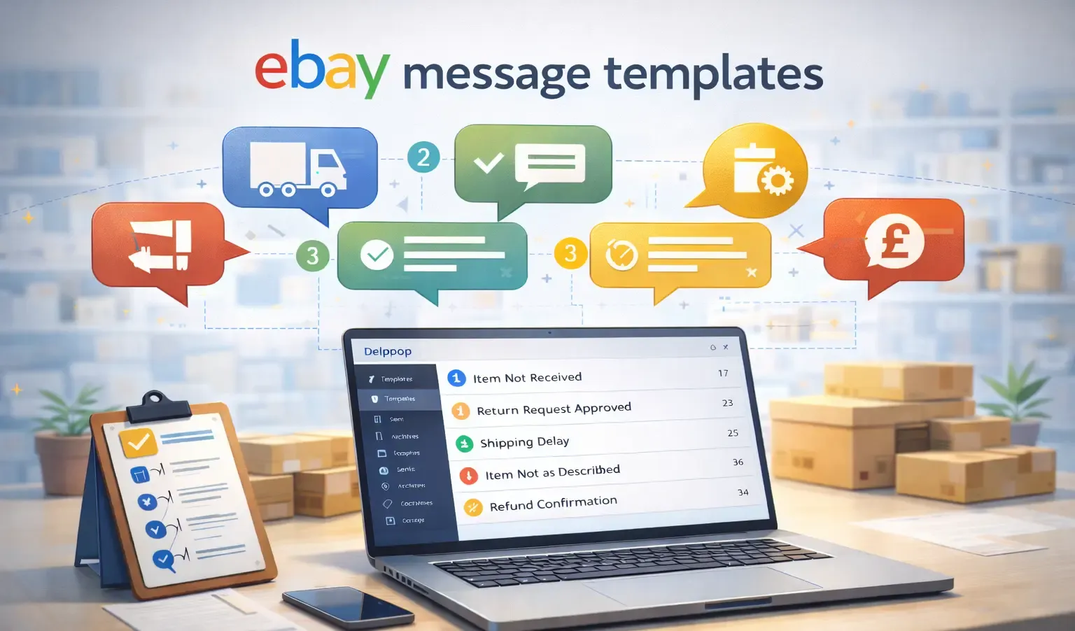 Images showing a laptop screen and various eBay message templates