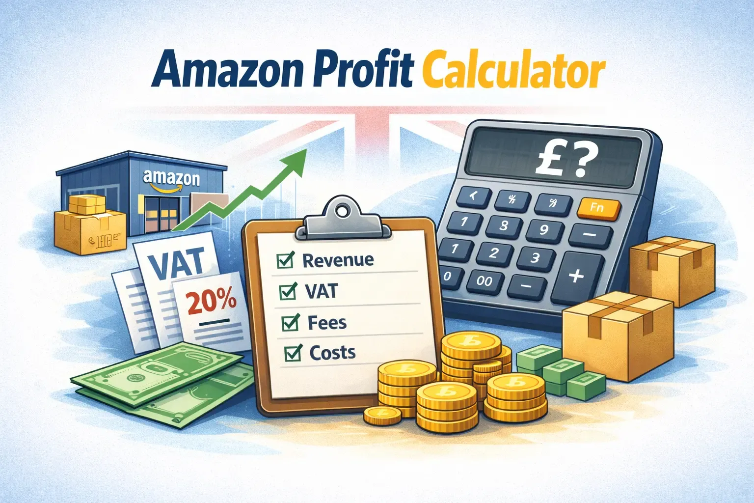 Image shows calculator, taxes, and growth using amazon profit calculator