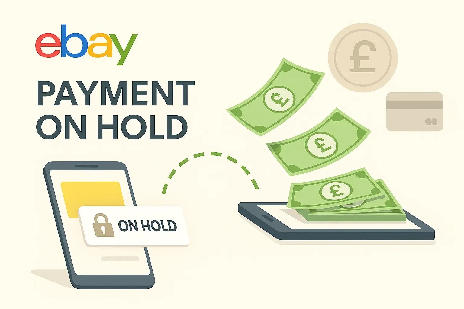 ChatGPT said: Illustration showing eBay payment on hold with money transfer between phones and pound symbols.