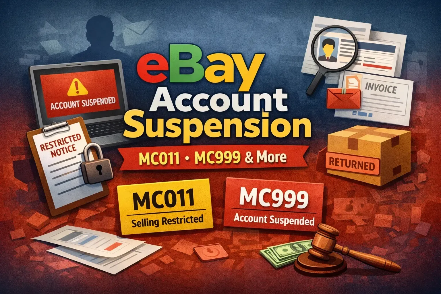 image explains ebay account suspension and ebay mc999 , ebay mc011 codes.
