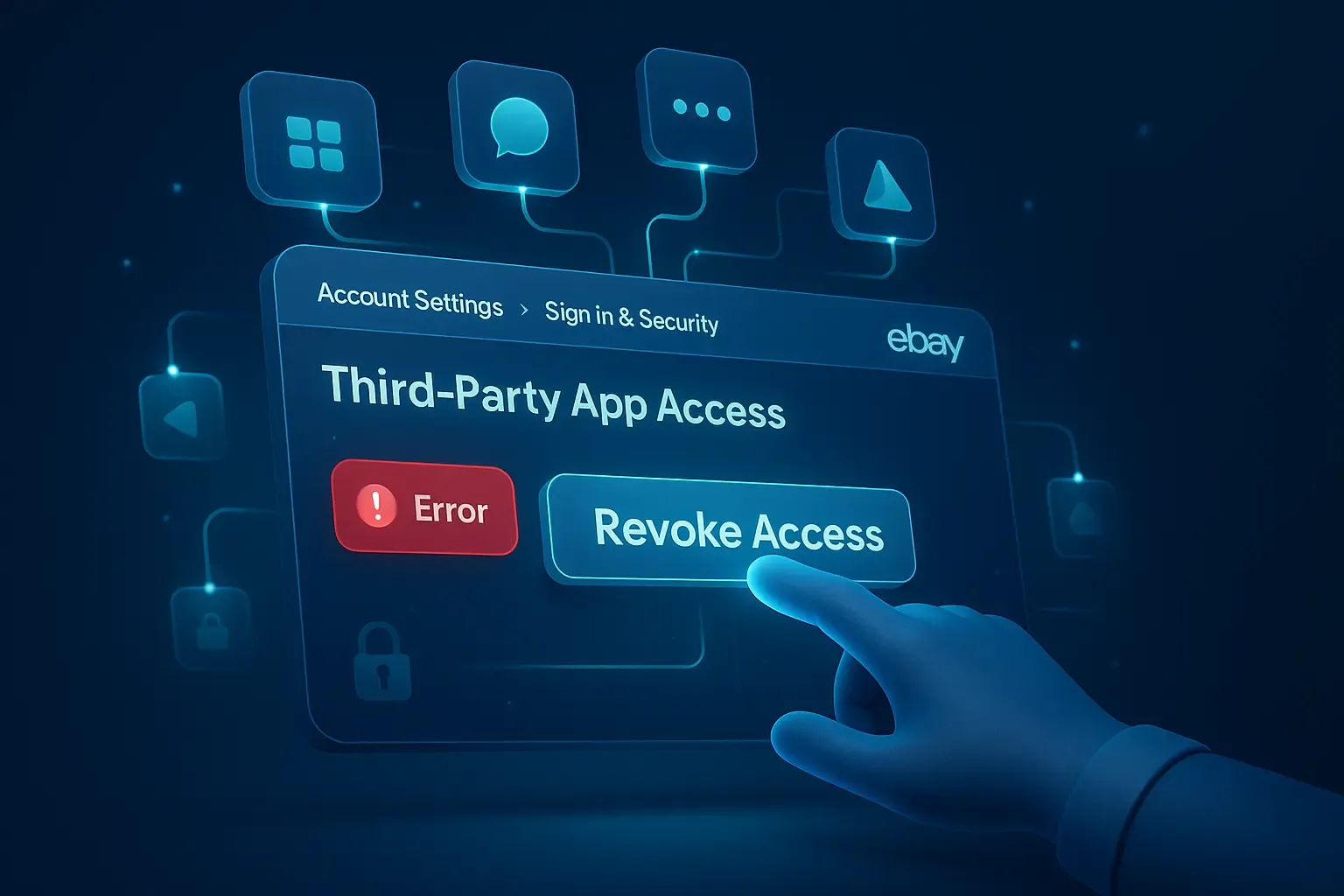 Illustration showing how to revoke third-party authorizations on eBay with a glowing Revoke Access button and error alert