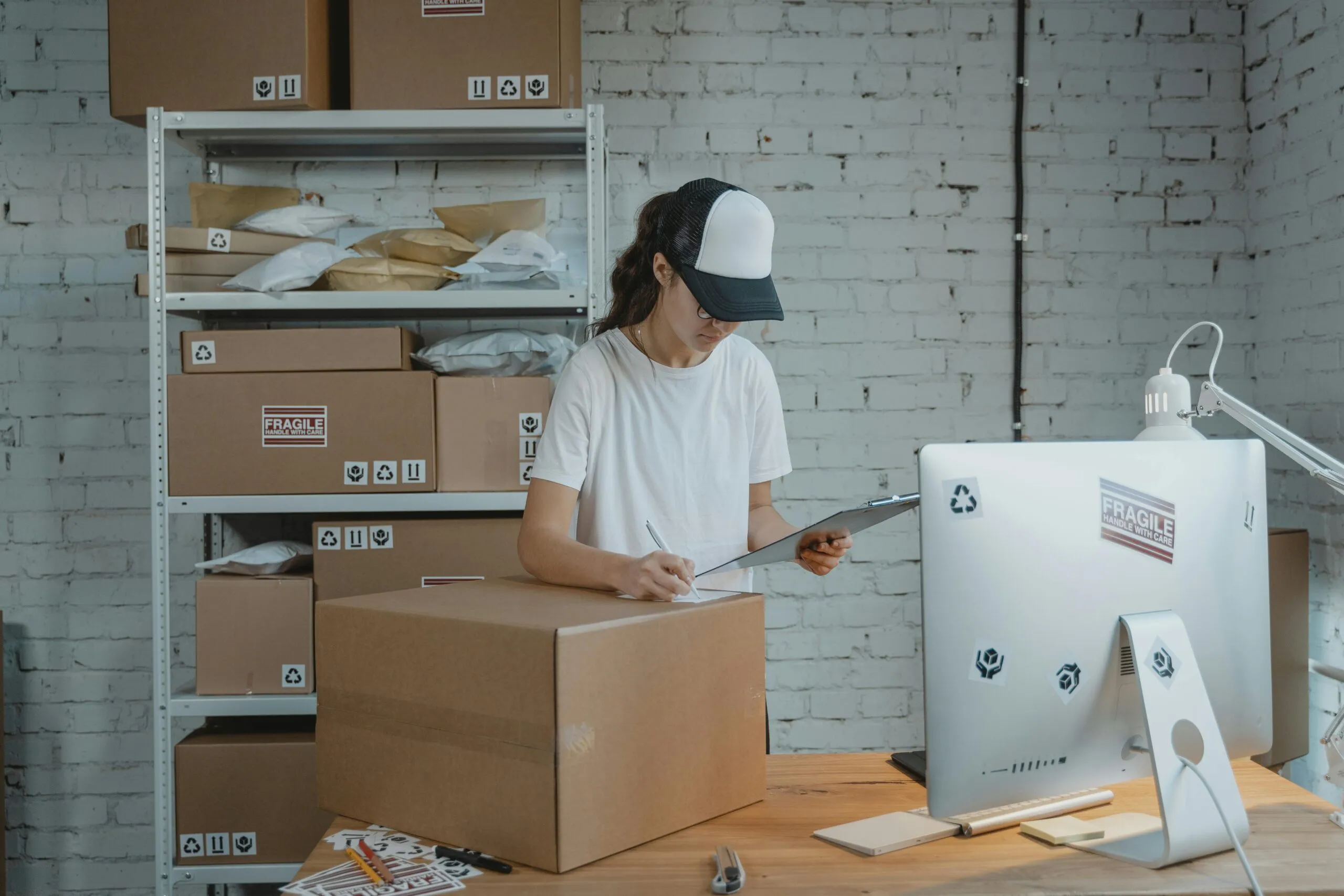 A seller while packaging adhering to GPSR compliance.