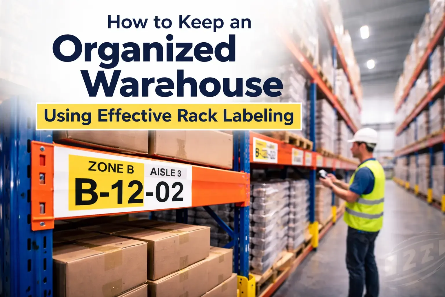 An image with warehouse racks and labels demonstrating efficient warehouse rack labeling