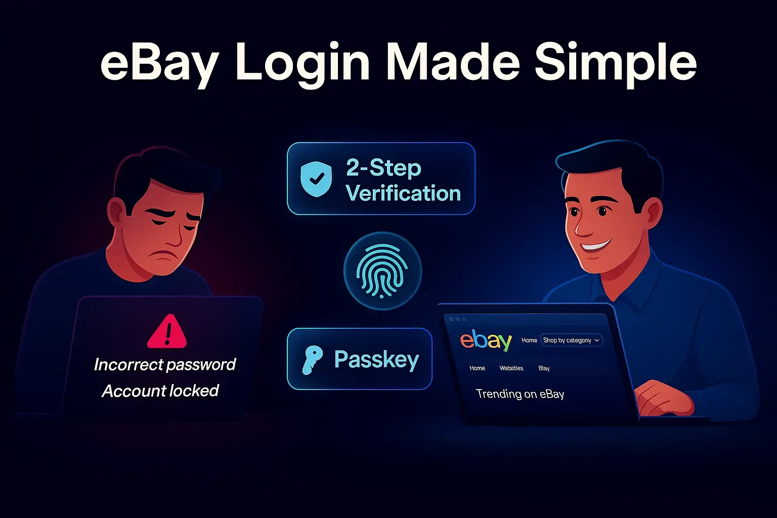 Images showing two professionals trying to login one disappointed and other happy knowing how to log in to eBay