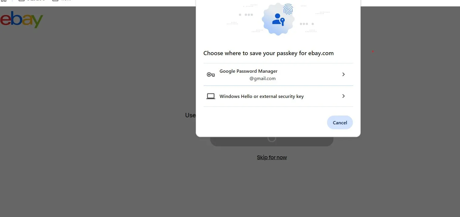 eBay passkey pop up