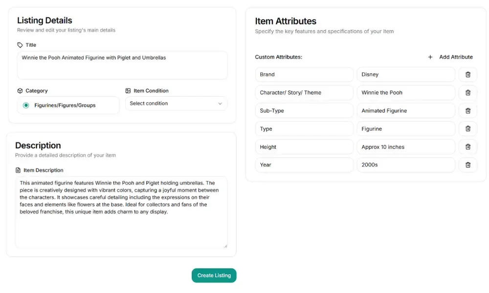 snapshot showing prolisto page with description to be included for listing