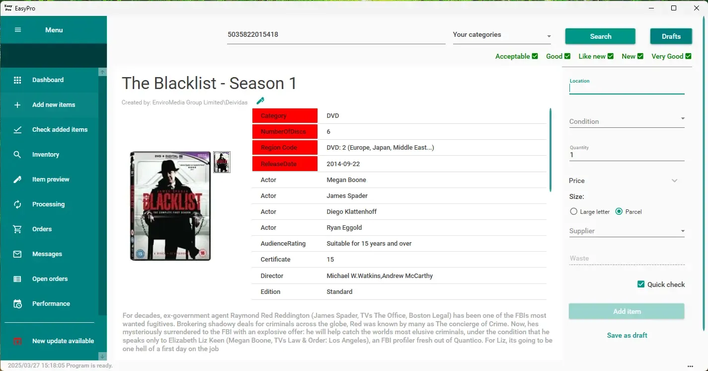 image showing screen shot of prolisto page with listing of an item