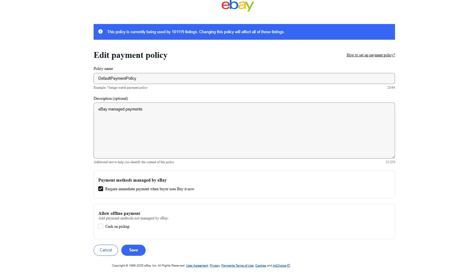 Image showing eBay payment policies and features.