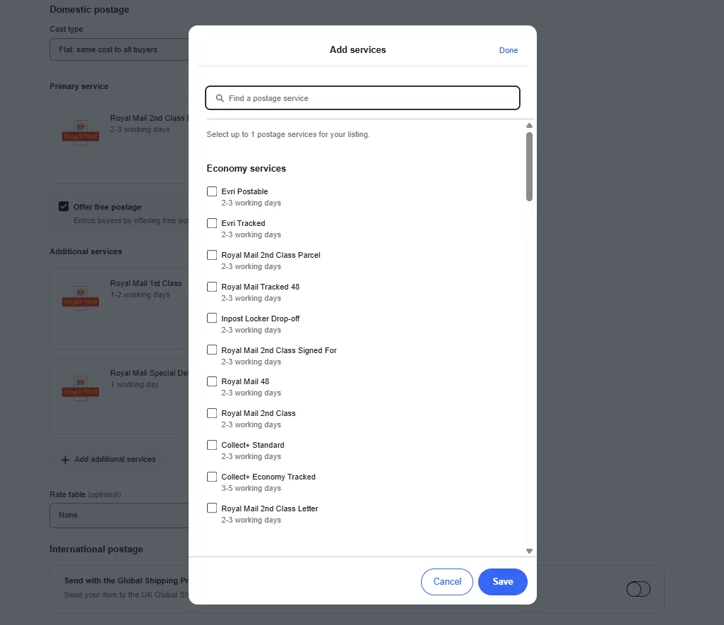 image showing eBay shipping policies, and types of fulfillment services