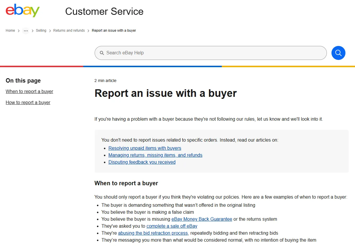 eBay screenshot showing how to report buyer on eBay