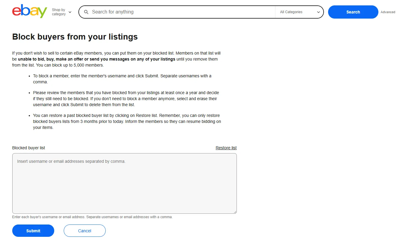 ebay screenshot showing Proactively Bar Problematic Buyers: