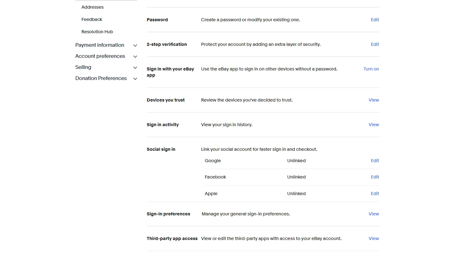 Screenshot of eBay Sign-in and Security page highlighting the 2-step verification option for stronger account protection.