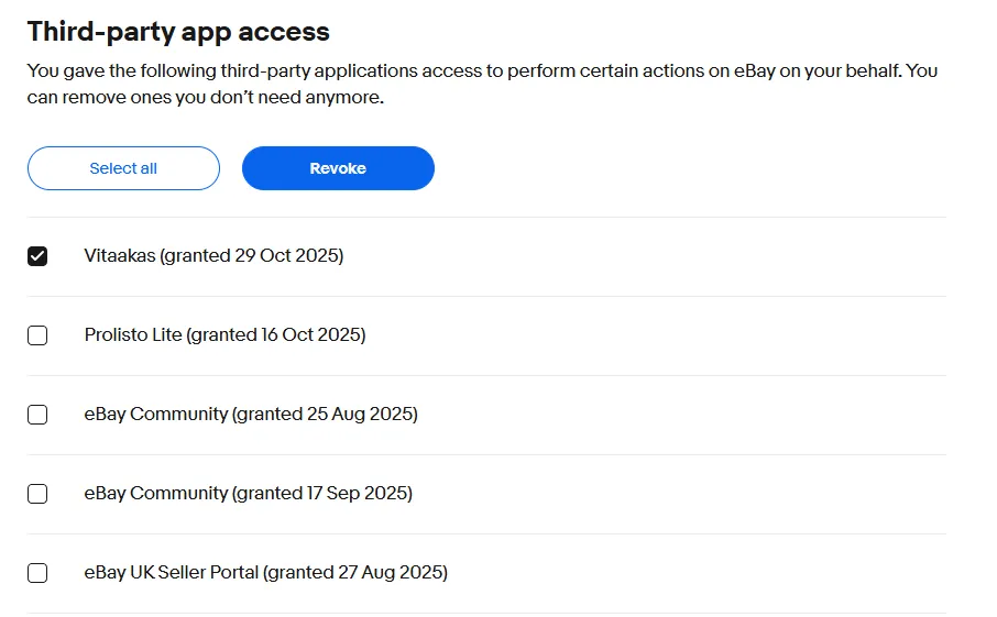 Screenshot of eBay’s Third-Party App Access page showing connected applications and the Revoke button to remove authorizations