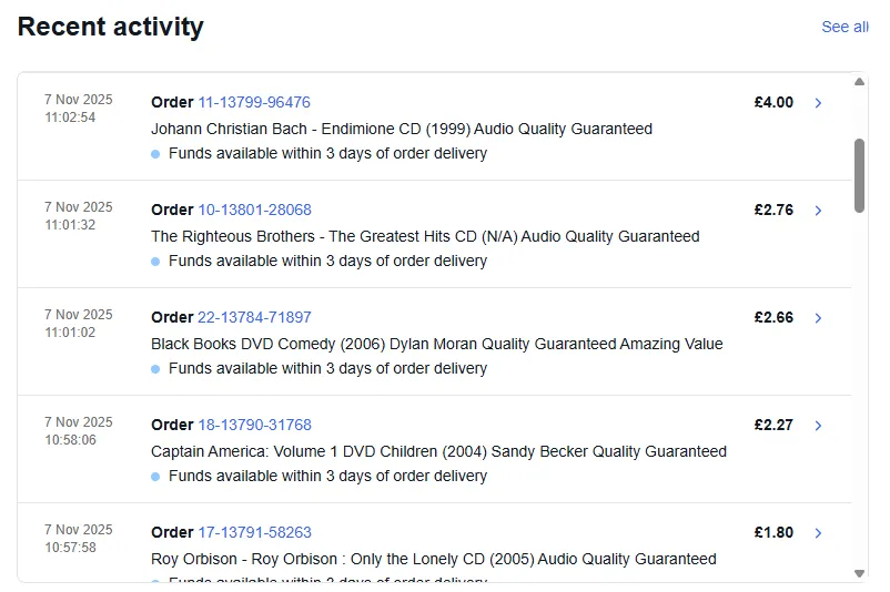 A screenshot showing how long does eBay hold funds and the reason