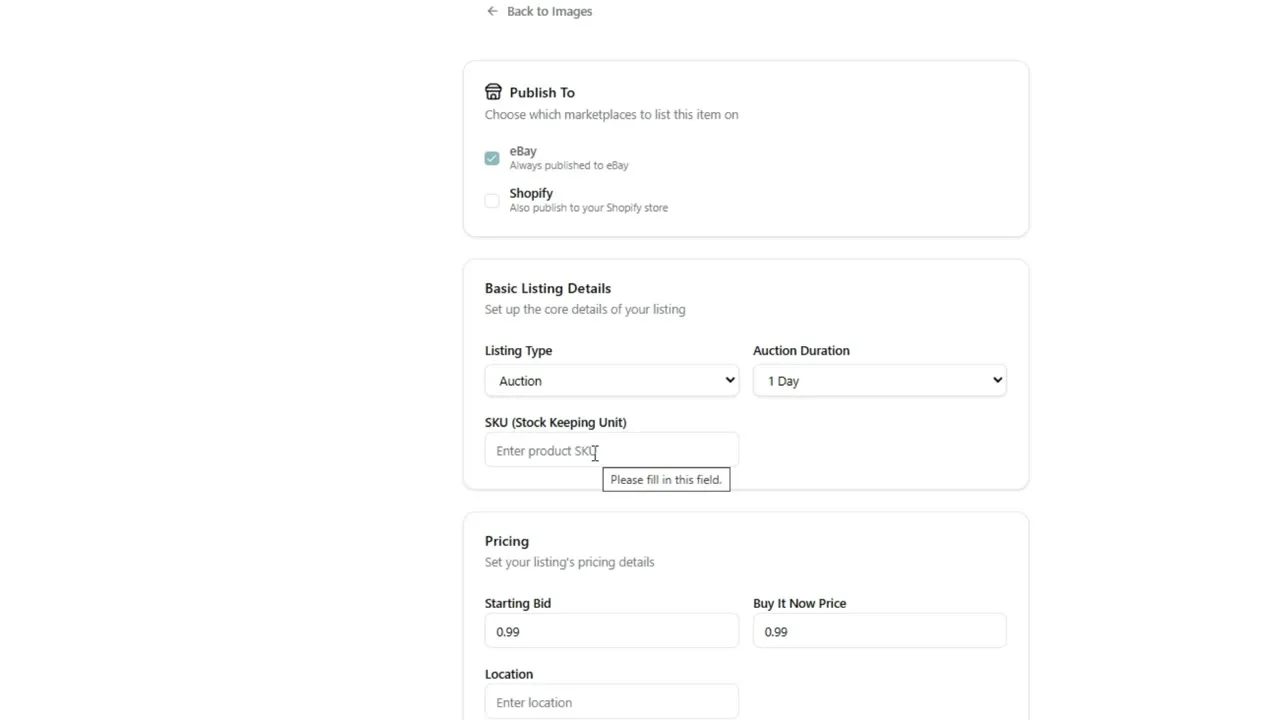The Prolisto listing form with publishing options and basic listing details